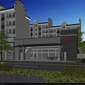 Modern Residential Entrance Gate with Surrounding Apartment Buildings Pedestrians and Green Trees