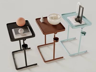 Modern Sleek Side Tables In Black Brown Light Blue With Decorative Items 3d model
