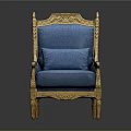 Luxurious Blue Armchair With Gold Ornate Carvings On Frame And Soft Cushion