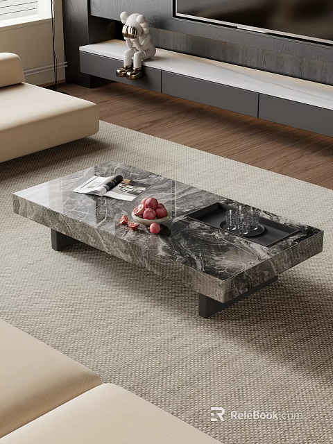 Modern Beige Sofa and Marble Coffee Table Set with Magazines Fruits Tray and Glass Cups 3d model 