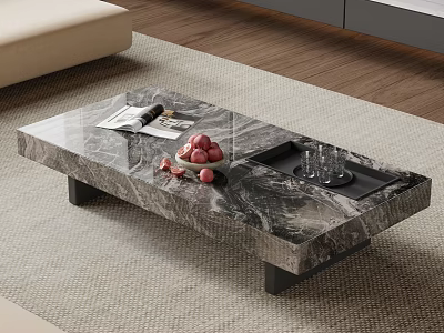 Modern Beige Sofa and Marble Coffee Table Set with Magazines Fruits Tray and Glass Cups 3d model