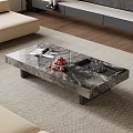 Modern Beige Sofa and Marble Coffee Table Set with Magazines Fruits Tray and Glass Cups