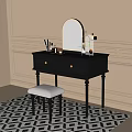 Elegant Black Dressing Table with Round Mirror Drawers White Stool and Cosmetics on Beige Wall