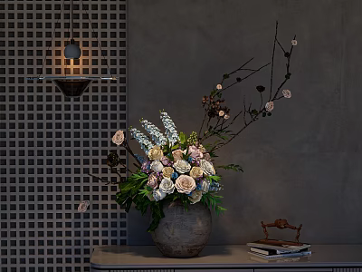 Elegant Floral Display in Terracotta Vase with Roses Hydrangeas Green Foliage on Table Against Gray Wall 3d model