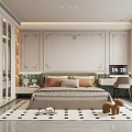 Elegant Modern Bedroom Interior Design With Bed Pillows Decorative Wall And Checkered Rug