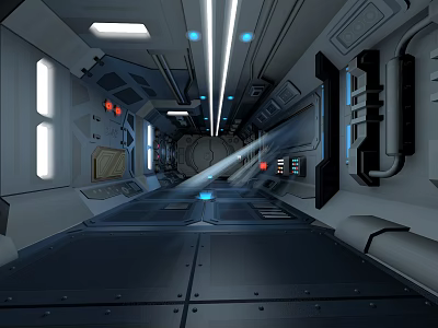 Futuristic Elevator Corridor Interior With High Tech Metal Walls Strip Lights And Control Panels 3d model