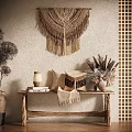 Decorative Ornament Combination With Macramé Wall Hanging Wooden Bench Pillows Dried Flowers And Table Lamp