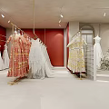 Elegant Bridal Shop Interior With Wedding Dresses On Tiered Platform And Floral Decor