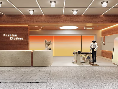 Modern Fashion Clothing Store Interior With Reception Counter Striped Mannequin And Orange Gradient Wall 3d model