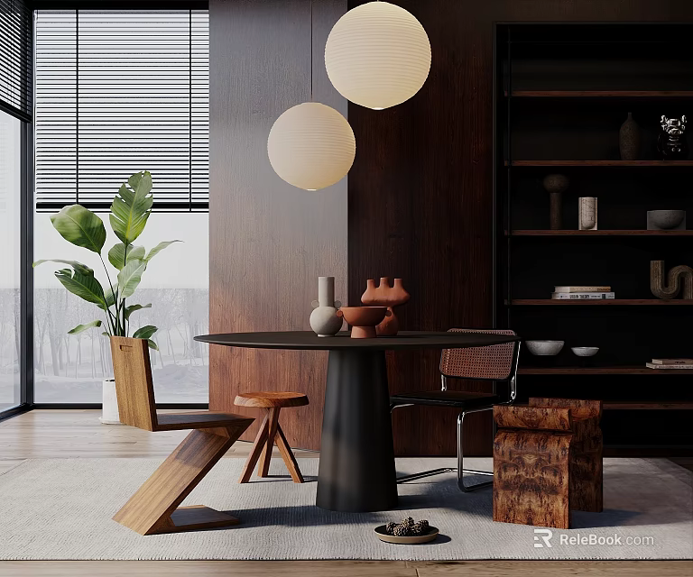 Modern Dining Table Set With Round Top Black Base Chairs Pendant Lights And Green Plant 3d model 
