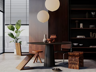 Modern Dining Table Set With Round Top Black Base Chairs Pendant Lights And Green Plant 3d model