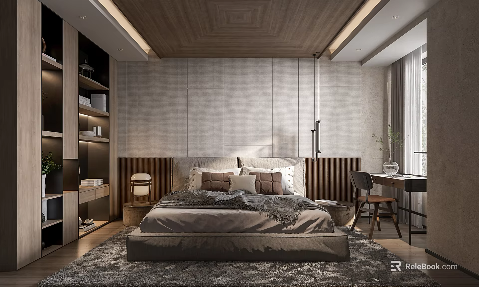 Modern Bedroom Interior With Wooden Headboard Plush Pillows Fluffy Rug And Built-in Shelves 3d model 