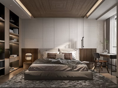 Modern Bedroom Interior With Wooden Headboard Plush Pillows Fluffy Rug And Built-in Shelves 3d model