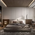 Modern Bedroom Interior With Wooden Headboard Plush Pillows Fluffy Rug And Built-in Shelves