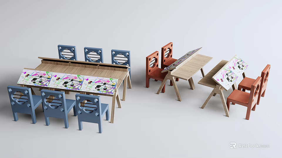 Vibrant Musical Instruments and Art Supplies Display on Creative Workbench 3d model