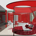 Red Themed Modern Hotel Guest Room With Round Bed Red Bathroom And White Bathtub
