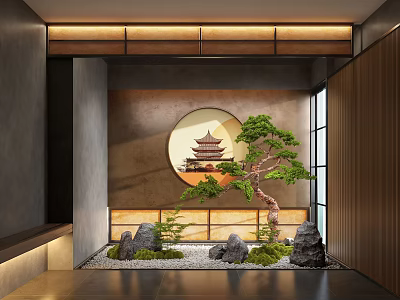 Japanese Zen Feature Wall With Circular Traditional Building Design Pine Tree Rocks And Sand 3d model
