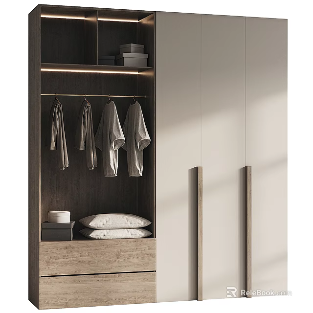 Sleek Modern Wooden Wardrobe With Hanging Clothes Folded Items And Lighting 3d model 