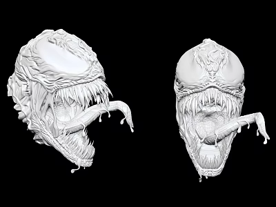 Detailed Creature Head Sculptures With Open Mouth Fangs And Textured Surface 3d model