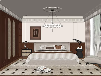 Elegant Modern Bedroom Interior Design With Chandelier Bed Rug And Chair 3d model