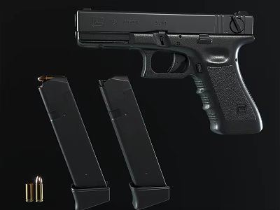 Black Handgun Pistol With Magazines And Bullets On Dark Background 3d model
