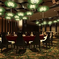 Chinese Style Private Room Interior Design With Green Pendant Lights Wooden Walls And Patterned Carpet