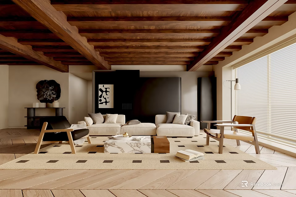 Cozy Living Room Interior With Wooden Ceiling Beams Beige Sofa Black Wall And Area Rug 3d model 