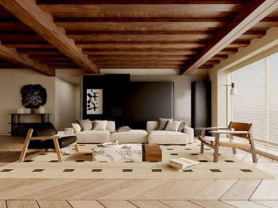 Cozy Living Room Interior With Wooden Ceiling Beams Beige Sofa Black Wall And Area Rug 3d model