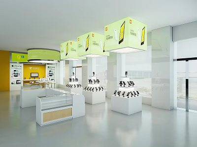 Modern Digital Store Interior With White Display Counters Pendant Lights And Electronic Products 3d model