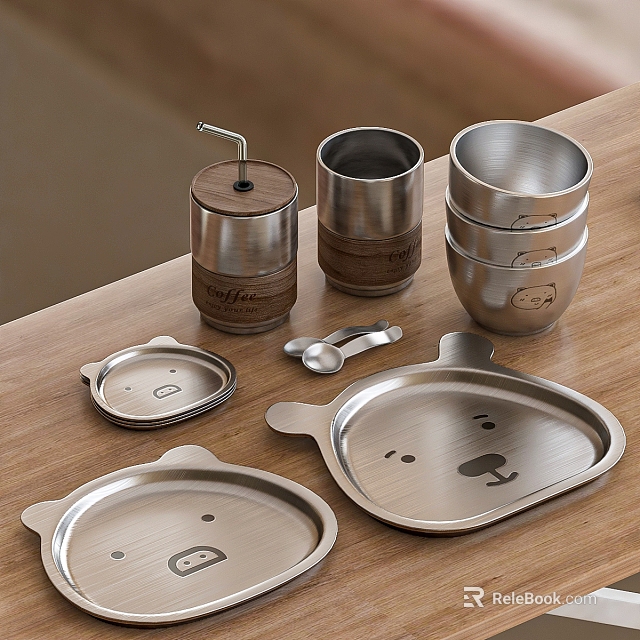 Stainless Steel Bear Design Kids Tableware Set With Cups Plates Spoons 3d model 