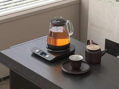 Modern Glass Electric Kettle With Digital Display Heating Base And Teapot On Tabletop 3d model