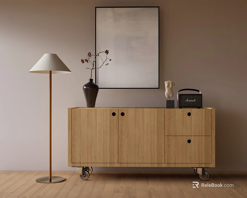Modern Wooden Console Cabinet With Drawers Doors And Wheels Featuring Floor Lamp Vase And Artwork 3d model 