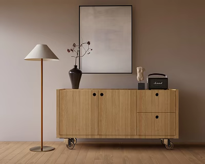 Modern Wooden Console Cabinet With Drawers Doors And Wheels Featuring Floor Lamp Vase And Artwork 3d model