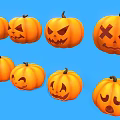 Halloween Festive Pumpkins With Various Creative Facial Expressions On Blue Background