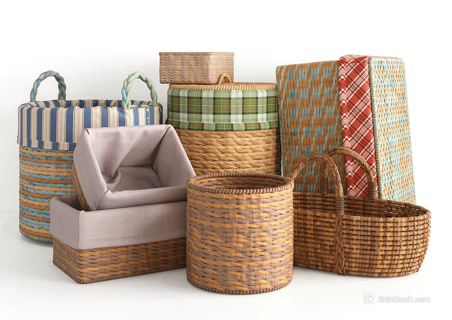 Woven Storage Baskets With Various Styles Handles Lids And Soft Cushion Designs 3d model 