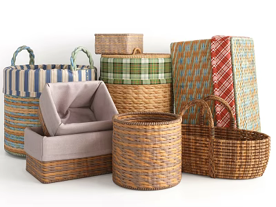 Woven Storage Baskets With Various Styles Handles Lids And Soft Cushion Designs 3d model