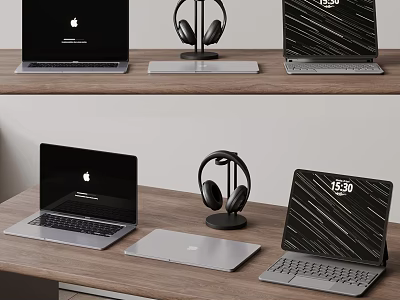 Modern Laptop Desk Setup Featuring Multiple Notebooks Headphones Stand And Screen 3d model