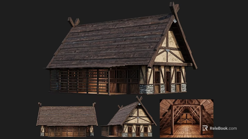 Historic Ancient Building Exterior And Interior With Timber Framing Stone Walls And Wooden Beams 3d model 