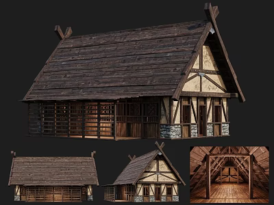 Historic Ancient Building Exterior And Interior With Timber Framing Stone Walls And Wooden Beams 3d model