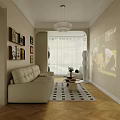 Modern Living and Dining Room With Beige Sofa Wooden Floor Chandelier And Decorative Paintings