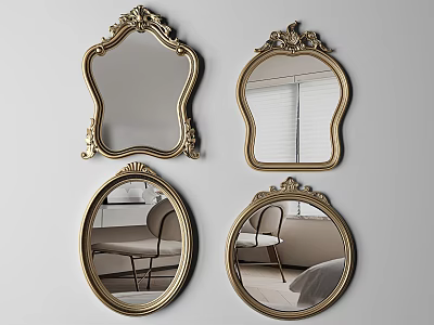 Four Decorative Mirrors With Gold Ornate Frames And Various Shapes For Wall Decor 3d model