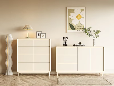 Modern White Entryway Cabinet and Sideboard with Drawers Doors and Beige Wall Art 3d model
