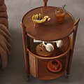Wooden Rolling Side Table With Rattan Storage Shelf For Living Room Decor