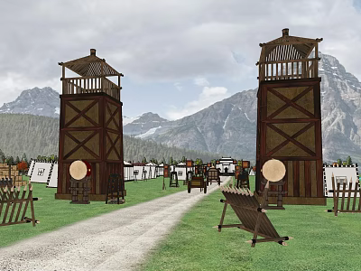 Cartoon Scene With Two Wooden Towers Green Grass Gravel Path And Mountain Background 3d model