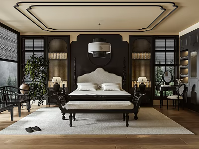 Traditional Chinese Bedroom Interior Design With Wooden Headboard Bedside Tables And Bench 3d model