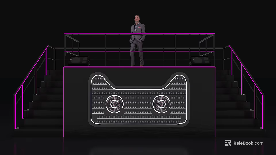 Stage With Purple Border Railing Cat Face Illuminated Design And Man Standing On Side Stairs 3d model 