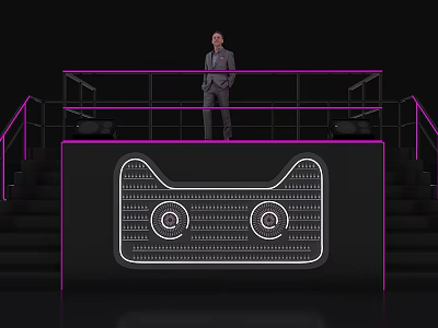 Stage With Purple Border Railing Cat Face Illuminated Design And Man Standing On Side Stairs 3d model