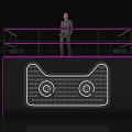 Stage With Purple Border Railing Cat Face Illuminated Design And Man Standing On Side Stairs