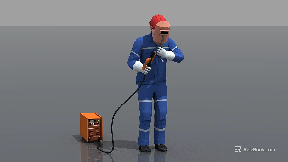 Man Wearing Blue Work Uniform Welding With Red Safety Helmet And Orange Machine 3d model 
