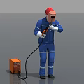 Man Wearing Blue Work Uniform Welding With Red Safety Helmet And Orange Machine